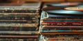 Stack of Records on Table. Generative AI Royalty Free Stock Photo