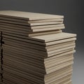 A stack of rectangular, beige fiberboard panels is neatly arranged against a dark gray Royalty Free Stock Photo
