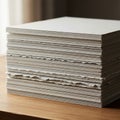 A stack of rectangular white paper sheets on a wooden surface Royalty Free Stock Photo