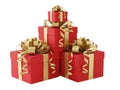 Stack of red gift boxes with gold ribbons Royalty Free Stock Photo