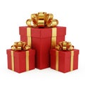 Stack of red gift boxes with gold ribbons isolated on white background Royalty Free Stock Photo