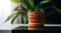 Stack of red and gold Indian bangles on black box with green plant background jewelry Royalty Free Stock Photo