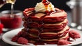 A stack of red velvet pancake with honey