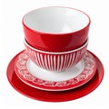 Stack of Red and White Ceramic Bowls and Plates Kitchenware Set Isolated Royalty Free Stock Photo