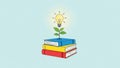 Stack of red yellow and blue books with growing plant and light bulb knowledge learning Royalty Free Stock Photo