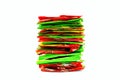 Stack of Red, Yellow and Green Foil Plastic Snack Packaging. Unhealthy Food, Recycling Concept