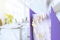 stack of reporting paper documents in a purple folder with bookmarks on the desktop in the office, business documents for annual Royalty Free Stock Photo