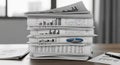 Stack of reports featuring printed data charts, graphs, and tables in a modern office Royalty Free Stock Photo