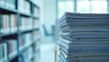 Stack of research papers in library. Medical journals, scientific articles, academic documents organized on shelves. Information Royalty Free Stock Photo
