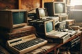 stack of retro computers. old electronics and appliances recycling Royalty Free Stock Photo