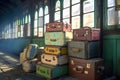 stack of retro suitcases on an old train platform