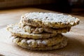 Stack of Rice Cakes or Corn Crackers on wooden surface. Royalty Free Stock Photo