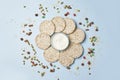 Stack of rice cakes with cream cheese dried fruits and nuts. Healthy snackes Royalty Free Stock Photo