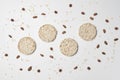 Stack of rice cakes, oatmeal and nuts. Healthy snackes Royalty Free Stock Photo