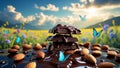 Melted Chocolate Stack with Almonds and Butterflies in a Spring Meadow Royalty Free Stock Photo