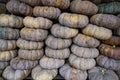 Stack of ripe Thai pumpkin at a farmer`s market.