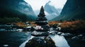 a stack of rocks in front of a river Royalty Free Stock Photo
