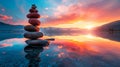A stack of rocks on a lake shore at sunset, AI Royalty Free Stock Photo