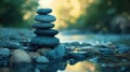 Stack of rocks is placed on a river bank Royalty Free Stock Photo