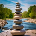 A stack of rocks is placed on a rock ledge next to a river Royalty Free Stock Photo