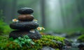 A stack of rocks with a single daisy on top. The daisy is surrounded by moss and the rocks are wet from the rain.