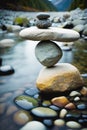 Stack of rocks sitting on top of each other on top of river. Generative AI Royalty Free Stock Photo