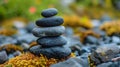 A stack of rocks sitting on top of a pile of moss, AI