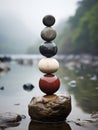 A stack of rocks sitting on top of a river, AI Royalty Free Stock Photo