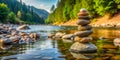 A stack of rocks is on top of a river AI-Created Content Royalty Free Stock Photo