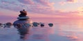 Stack of rocks on the water surface with a pastel sunset sky in the background landscape view scene Royalty Free Stock Photo