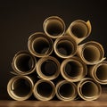 A stack of rolled-up, brown craft paper sheets arranged in a pyramid shape. Each roll Royalty Free Stock Photo