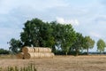 Stack of round bales of straw on a stubble field Royalty Free Stock Photo