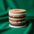 A stack of round coasters sits against a vivid green fabric. The coasters are made of Royalty Free Stock Photo
