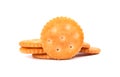Stack round cracker isolated on white background. Dry cracker cookies isolated. Saltines isolated