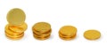 Stack of round golden chocolate coins isolated on white background. Set of chocolate money in gold foil