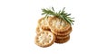 Stack of round salted crackers with fresh rosemary isolated on transparent background Royalty Free Stock Photo