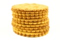 Stack of round salty crackers isolated on white background Royalty Free Stock Photo