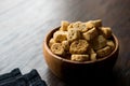 Stack of Round Shaped Crispy Rye Crouton Bread Biscuits / Crostini. Royalty Free Stock Photo