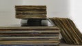 Stack of 45 and 33 rpm vinyl records arranged in a vertical stack. Royalty Free Stock Photo