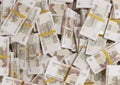 Stack russian cash or banknotes of rusia rubles scattered on a white background isolated the concept economic finance backgro