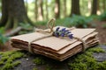 Stack of rustic brown paper tied with twine featuring lavender in forest setting Royalty Free Stock Photo