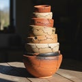 A stack of rustic clay bowls sits on a wooden surface. The bowls are arranged by size Royalty Free Stock Photo