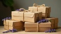 A stack of rustic kraft paper gift boxes adorned with sprigs of lavender and tied with twine. Generative AI Royalty Free Stock Photo