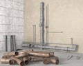 Stack of rusty old pipes in front of mounted new pipes in bathroom Royalty Free Stock Photo