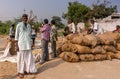 Stack of sacks with rice after weighing, Ayodhya, Karnataka, India Royalty Free Stock Photo