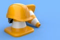 Stack of safety helmets or hard hats and traffic cones on blue background Royalty Free Stock Photo