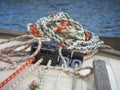 Stack of sail trimming ropes on a sailboat Royalty Free Stock Photo