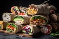 stack of sandwich wraps filled with fresh ingredients and creative touches