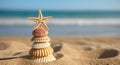 Stack of scallop shells arranged to resemble a Christmas tree with a small starfish shaped ornament