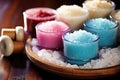 stack of scented candles with bowls of bath salts Royalty Free Stock Photo